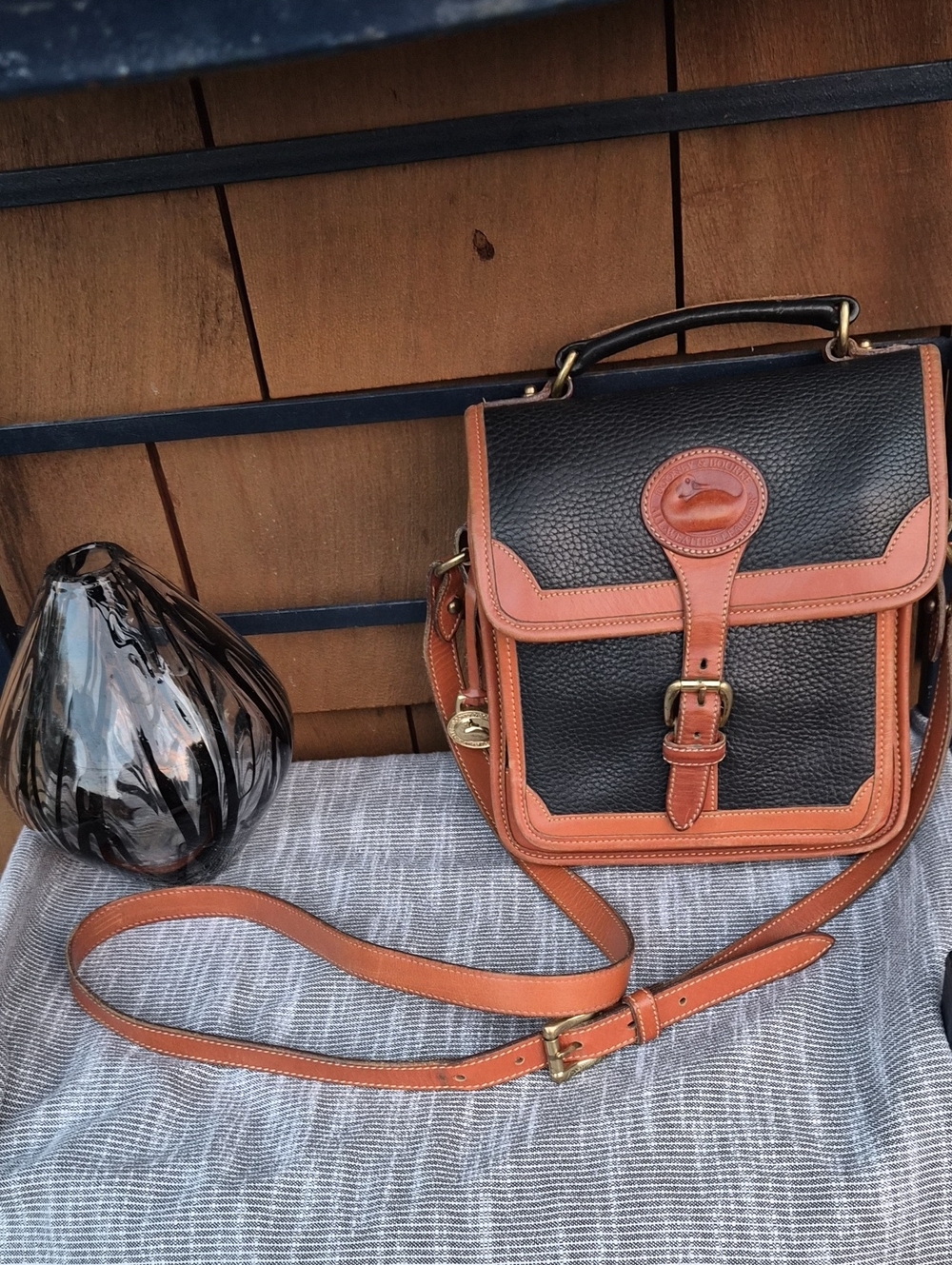 Vintage Dooney & Bourke Black And Brown Leather Surrey Carrier, Crossbody